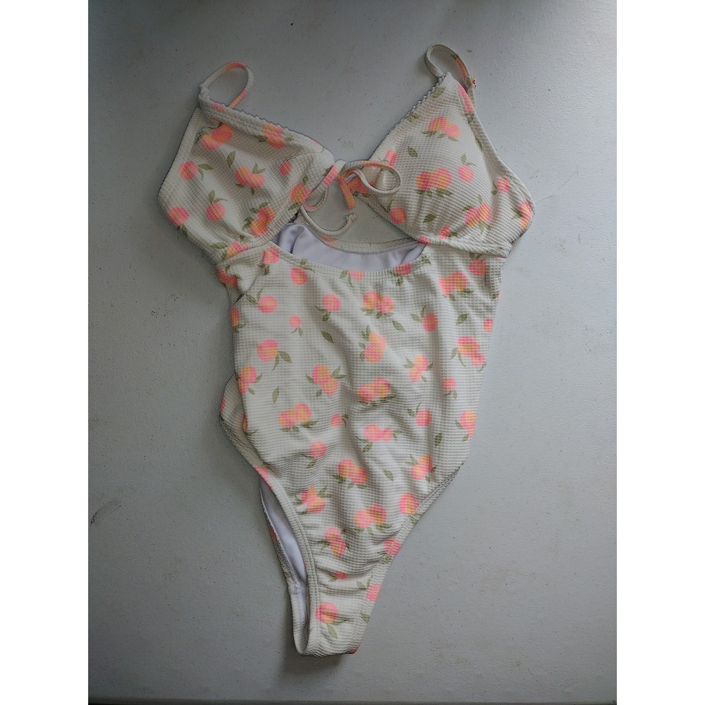 Forever 21 Peach Print Cutout One Piece Swimsuit Cream Seersucker Medium